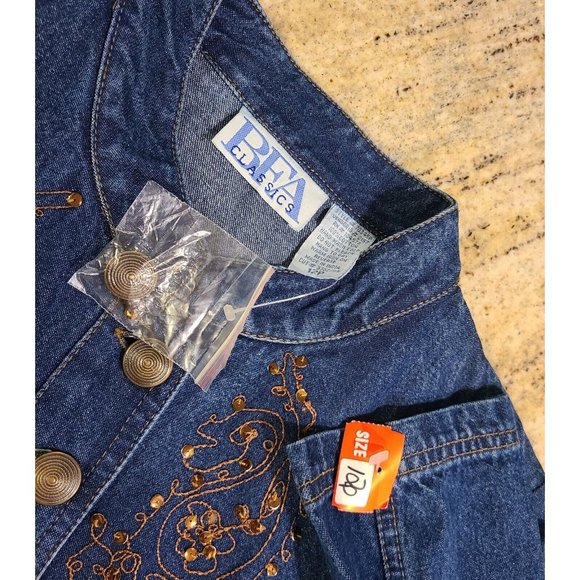 New! Vintage BEA Size 12P Jean Denim Shirt Blazer Gold Button Embroidered Sequin - Picture 6 of 12